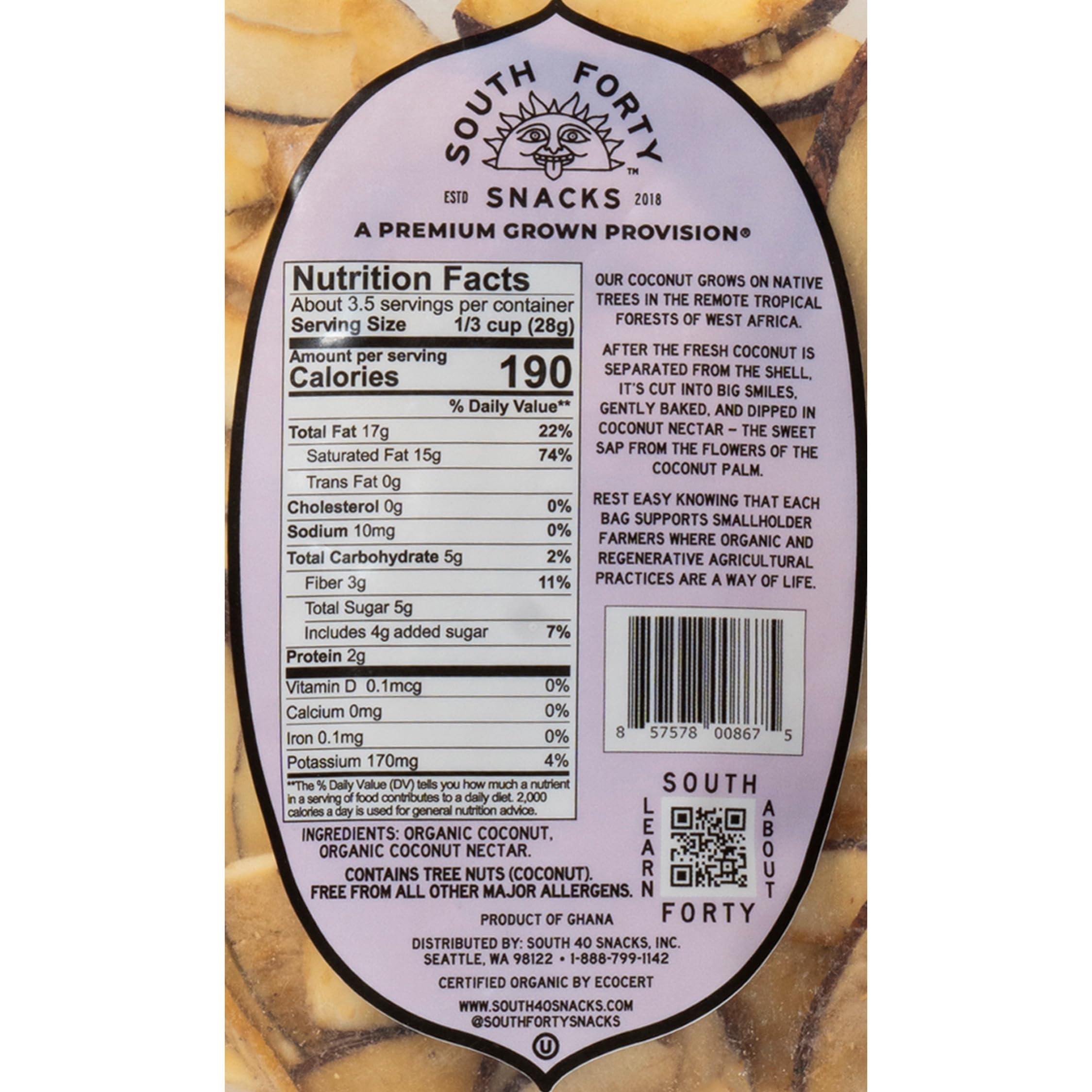South 40 coconut chips close-up - texture and crunch highlight natural ingredients.