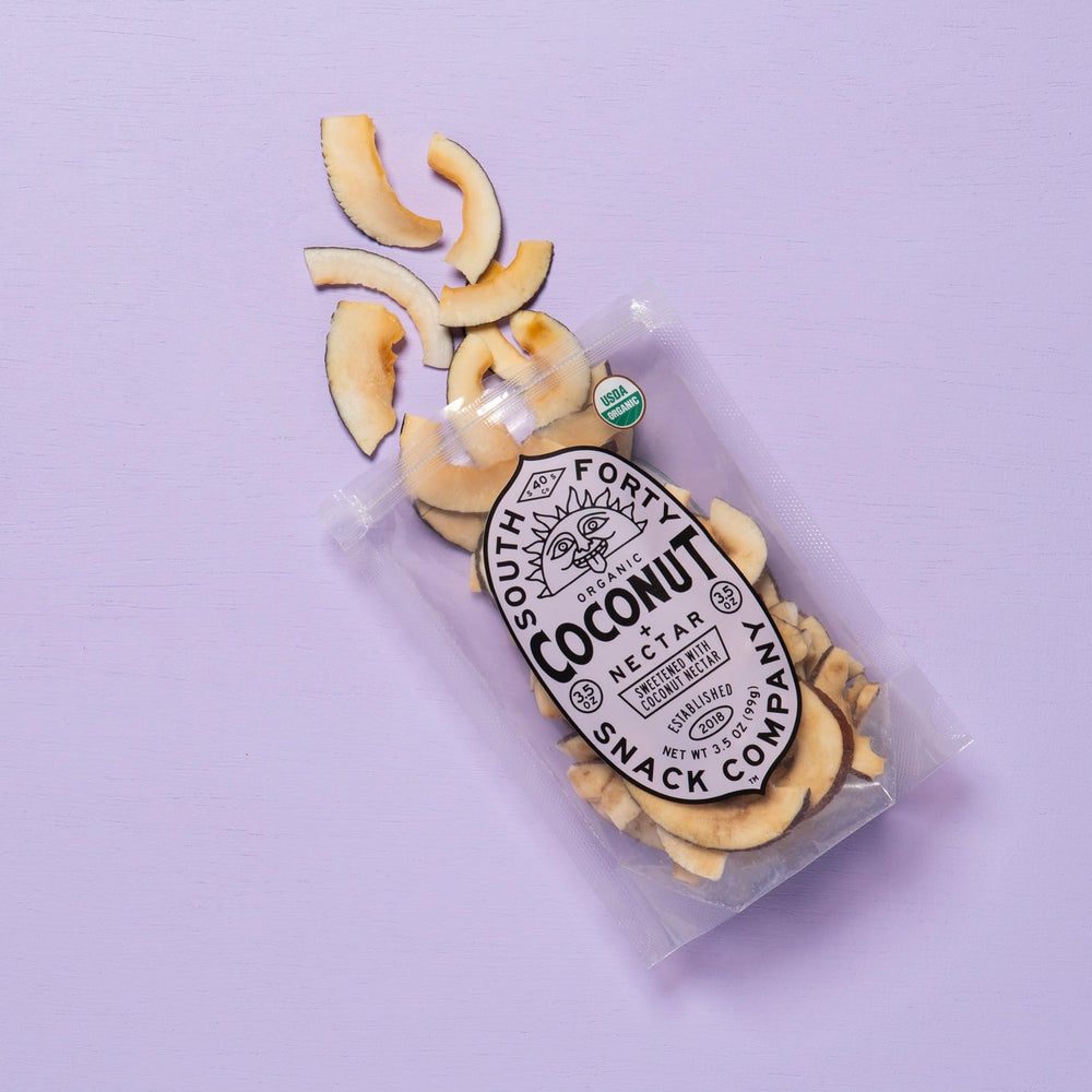 South 40 organic coconut chips with nectar - ingredient spotlight photo for real-food fiber.