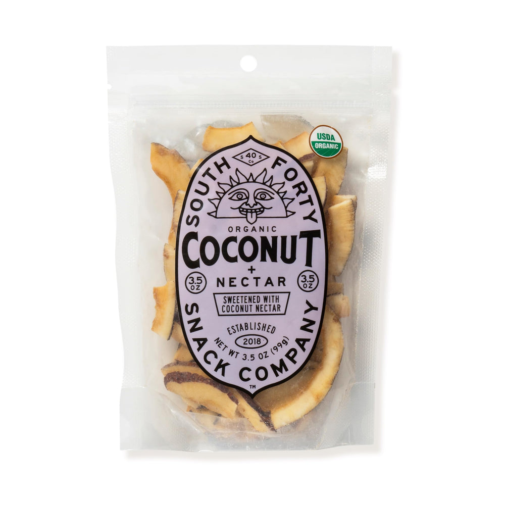 South 40 Organic Coconut Chips with Nectar pack shot - crisp, lightly sweet snack for anytime.