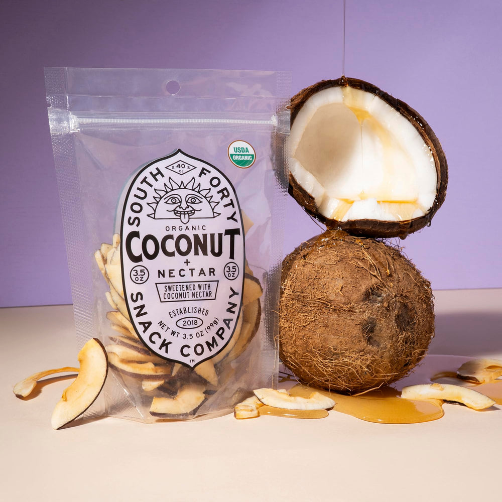 South 40 coconut chips serving idea - bowl and snack setup for on-the-go.