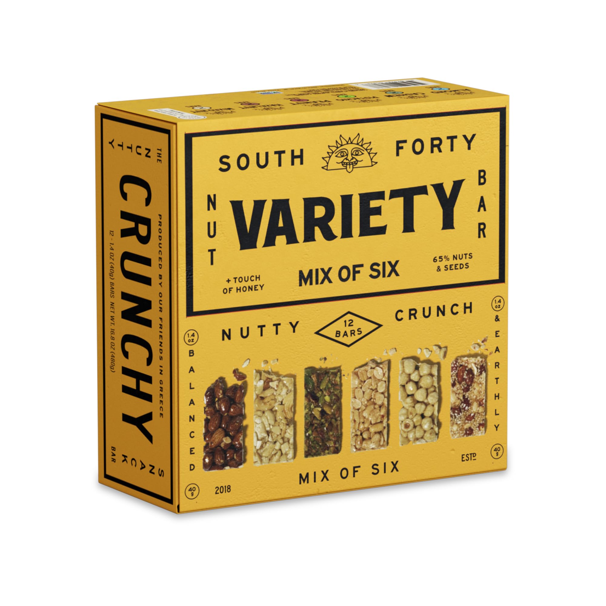 South 40 Snacks Crunchy Nut Bars mix pack shot highlights a gluten-free, non-GMO snack option.