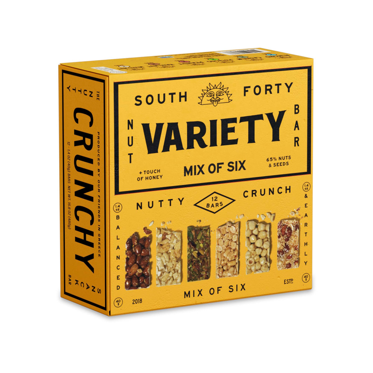 South 40 Snacks Crunchy Nut Bars mix pack shot highlights a gluten-free, non-GMO snack option.