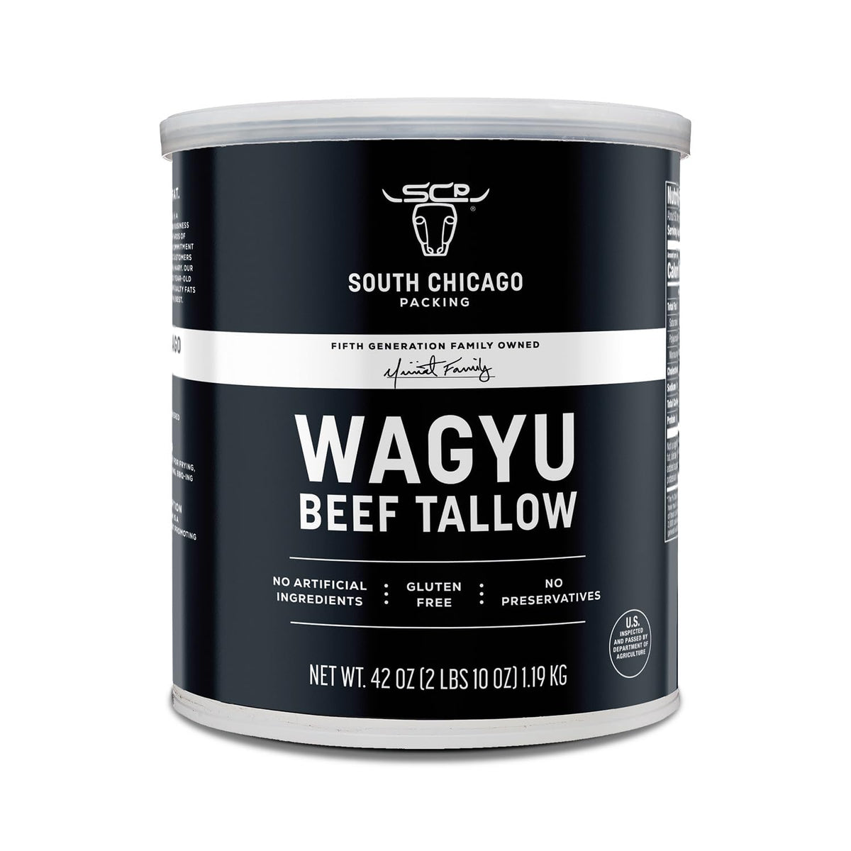 South Chicago Packing Wagyu Tallow bottle closeup for rich flavor and high-heat searing.