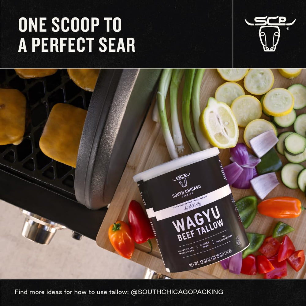 Paleo-friendly Wagyu Tallow packaging closeup emphasizing natural fats.
