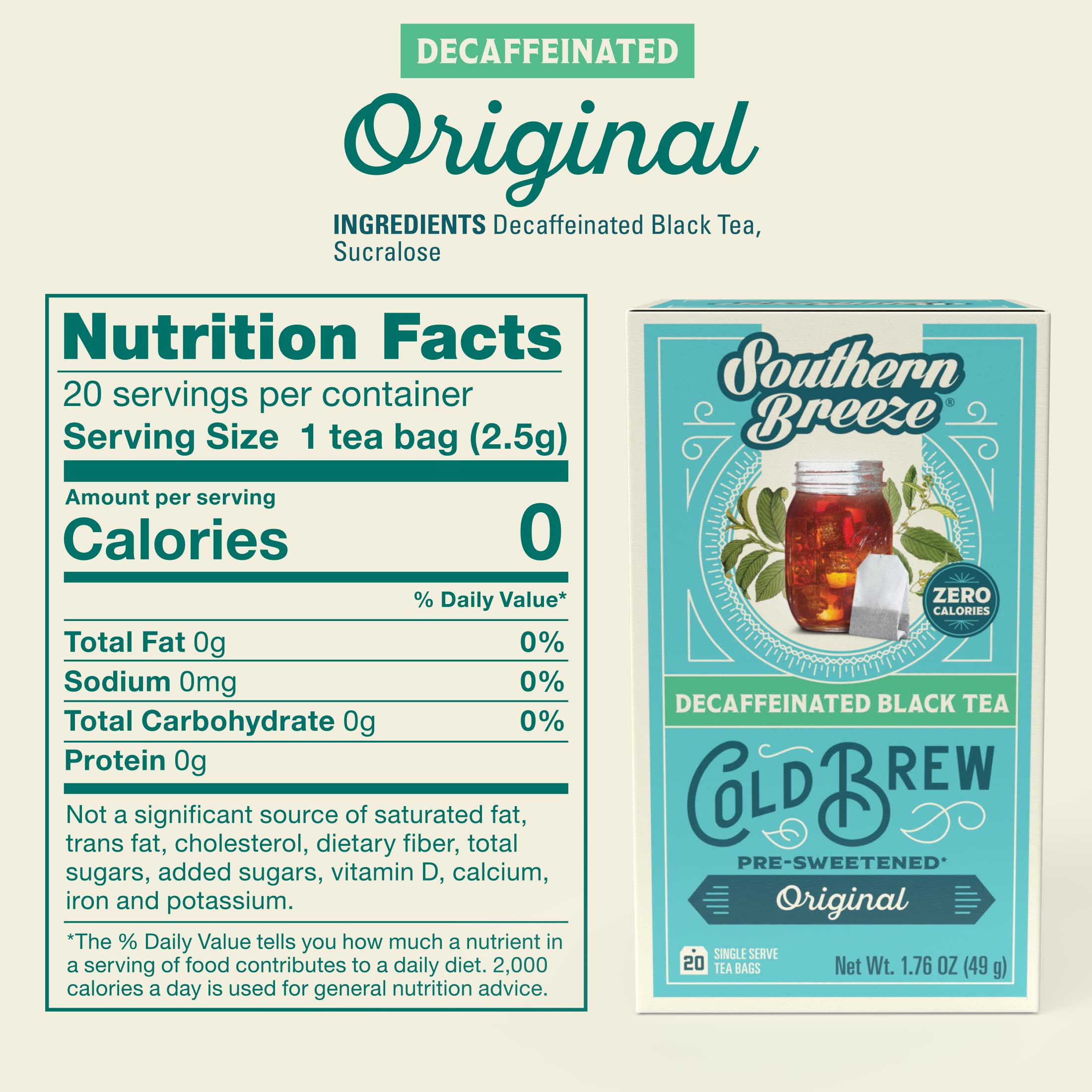 Southern Breeze decaf tea bags, 20 per box for fresh cold brew
