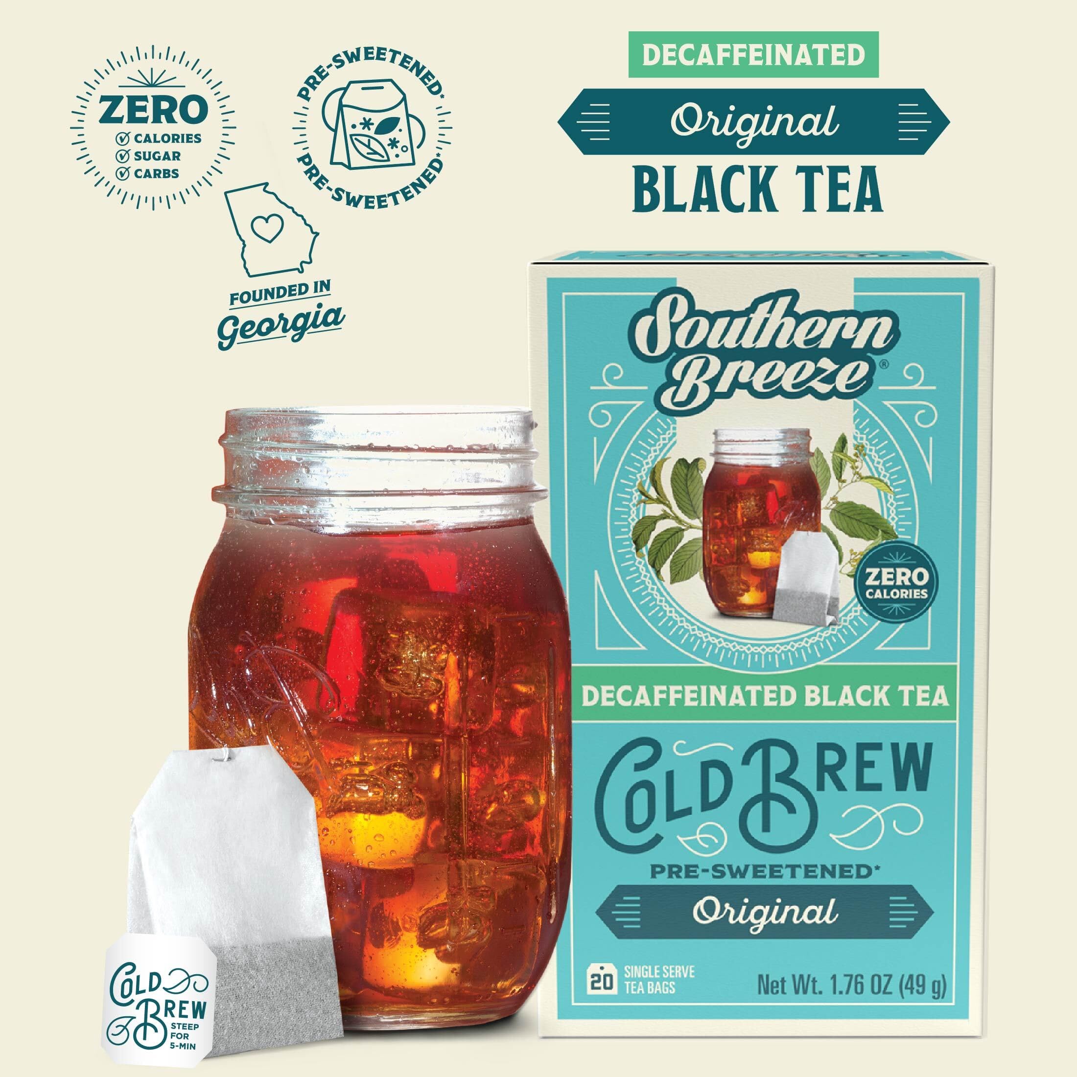 Chilled glass of Southern Breeze decaf cold brew tea with ice