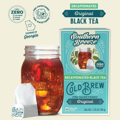 Chilled glass of Southern Breeze decaf cold brew tea with ice
