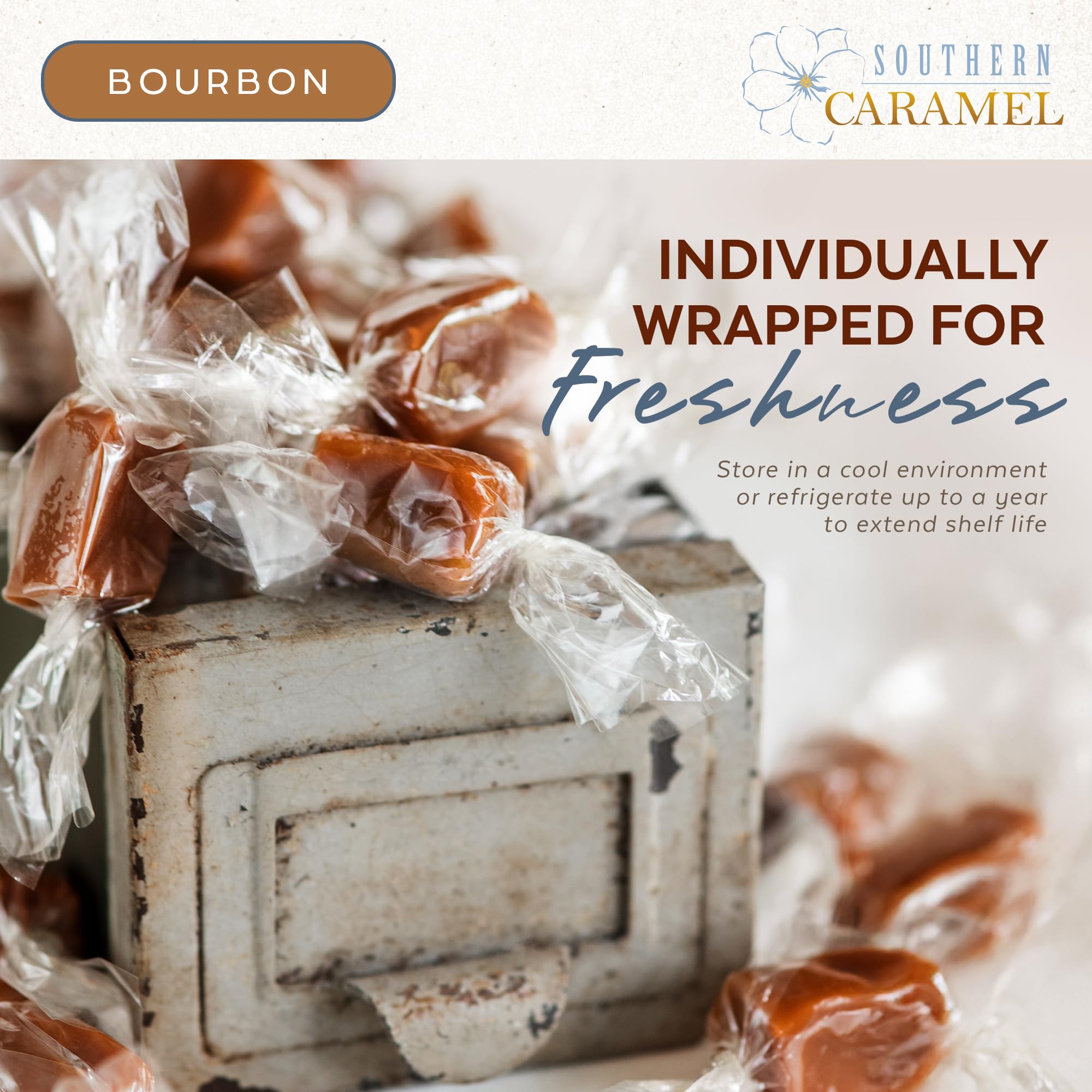 Southern Caramel Bourbon Caramels: gift-ready packaging for holidays and celebrations.