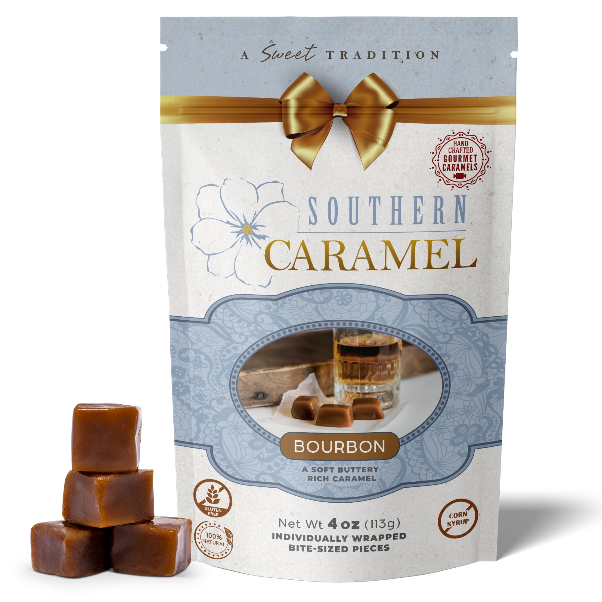 Southern Caramel Bourbon Caramels: soft, buttery squares with rich bourbon flavor for gifting.