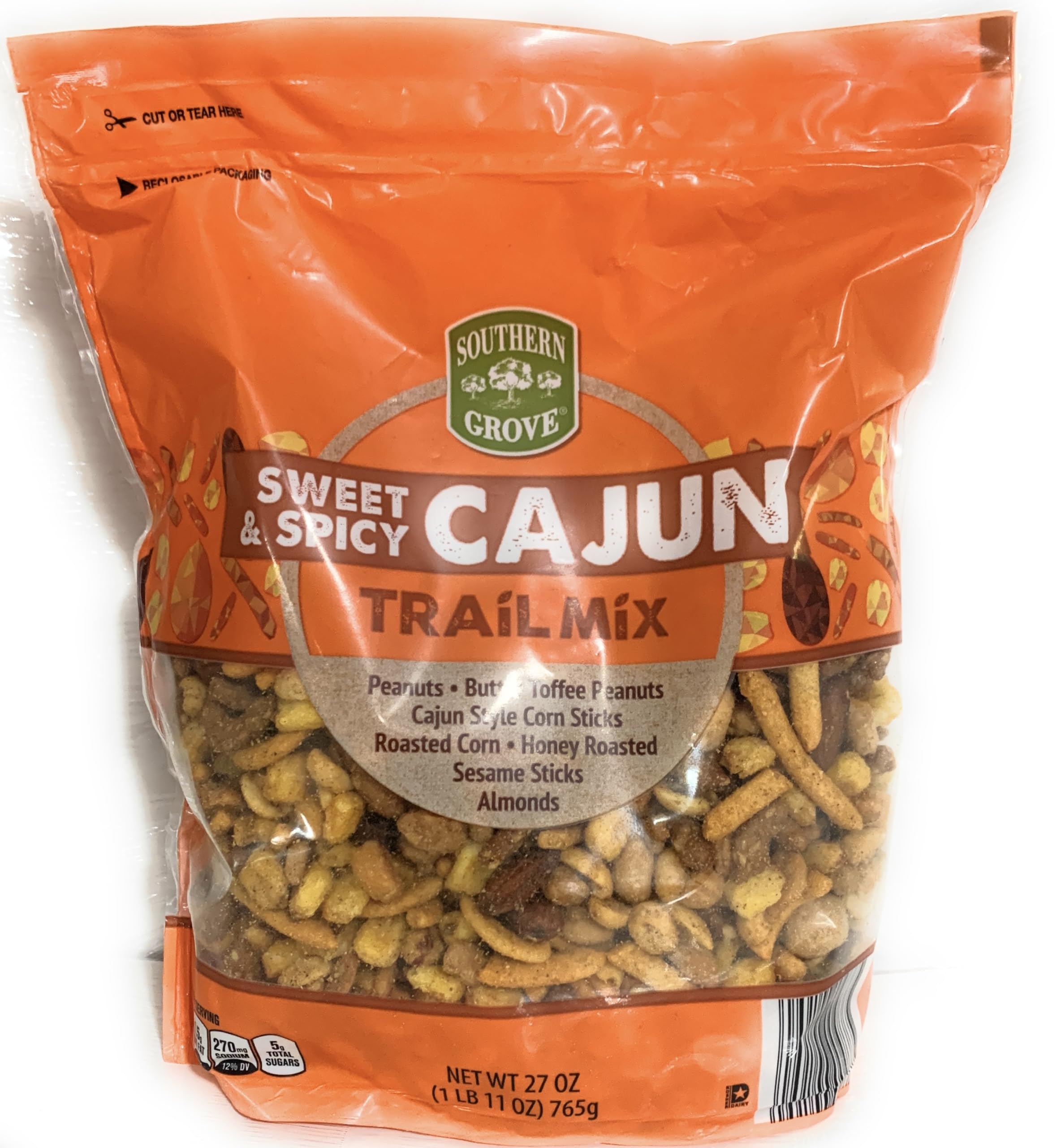 Southern Grove Sweet Spicy Cajun Trail Mix bag front offers bold flavor for on-the-go snacking.