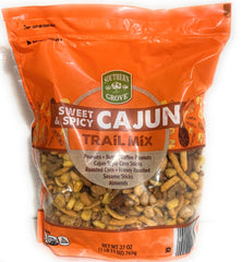 Southern Grove Sweet Spicy Cajun Trail Mix bag front offers bold flavor for on-the-go snacking.