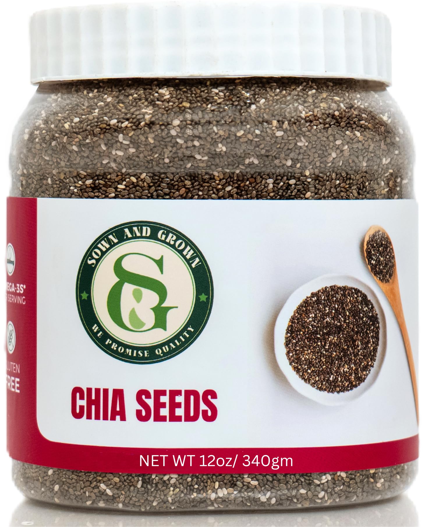 Sownandgrown chia seeds in a jar closeup showing airtight freshness and quality