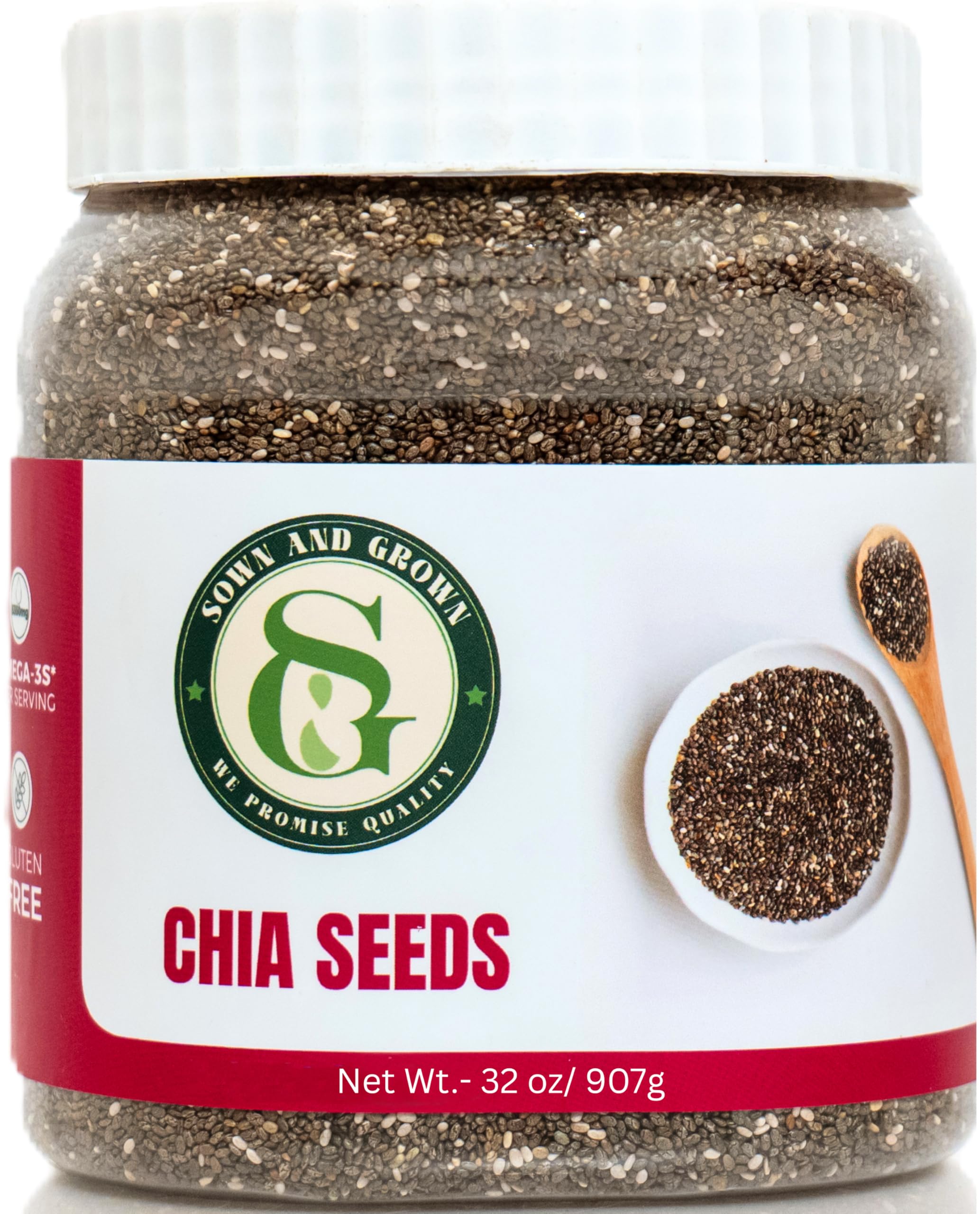 Sownandgrown chia seeds jar front showcasing premium packaging for daily fiber intake.