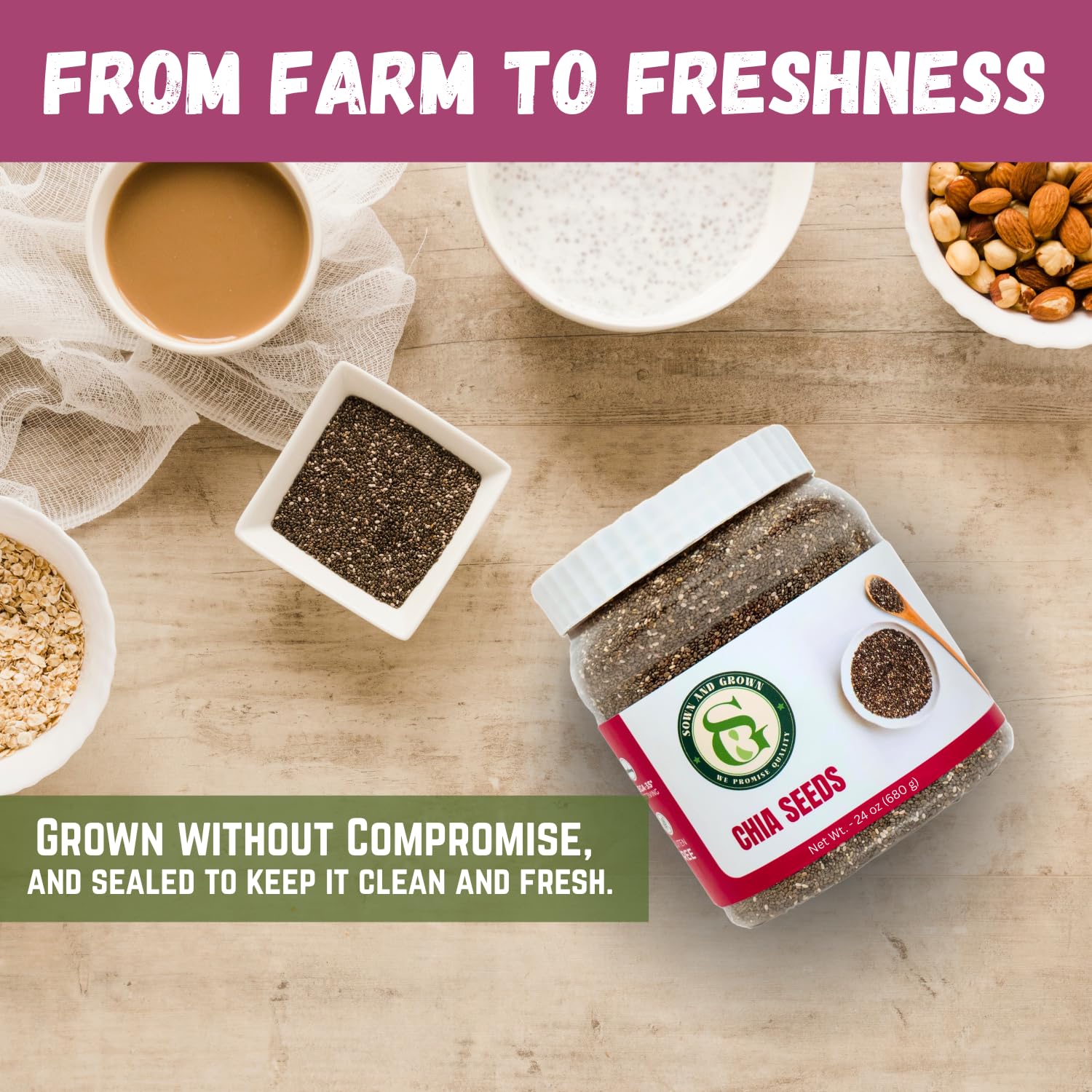 Sownandgrown chia seeds kept in airtight jar to maintain freshness.