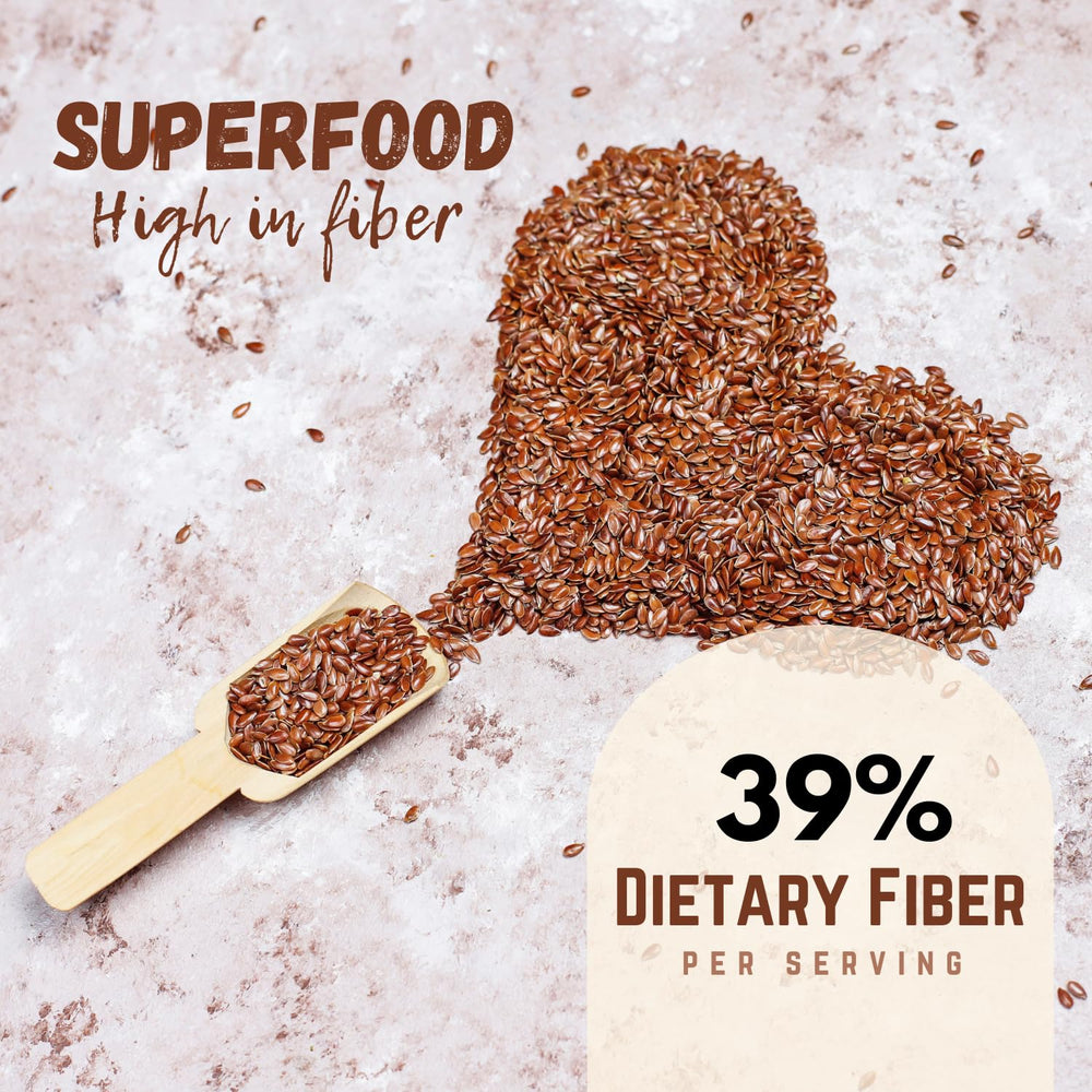 Measuring spoon with flax seeds, convenient pantry staple for daily use.
