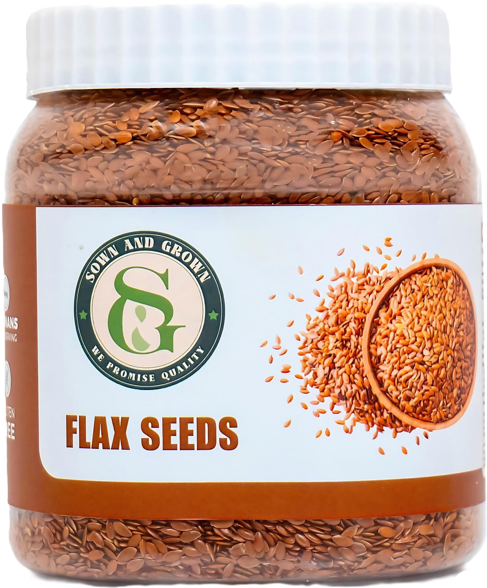 Sown and Grown flax seeds in a jar on a pantry shelf, ideal for easy daily use in baking and smoothies.