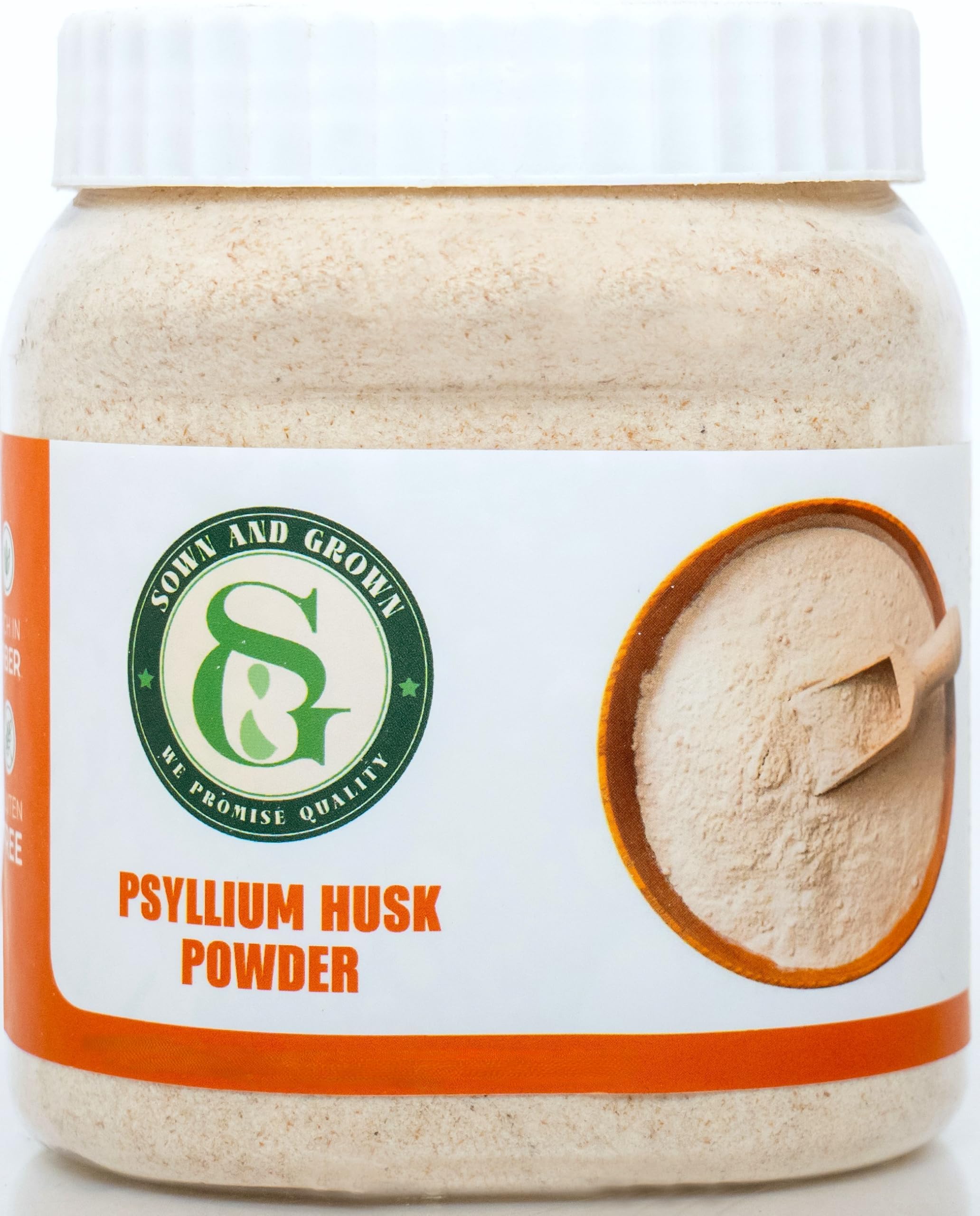Sownandgrown psyllium husk powder bottle for baking prep and fiber-rich results.