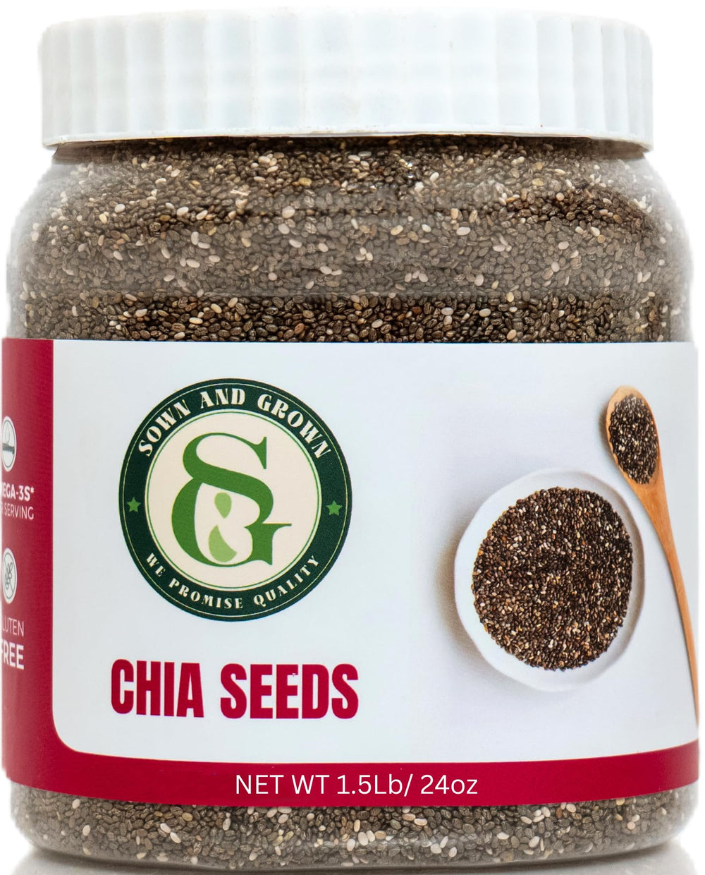 Sownandgrown raw chia seeds in a 1.5 lb jar for lasting freshness.