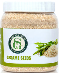 Sownandgrown white sesame seeds in packaging; keeps freshness for weeknight meals