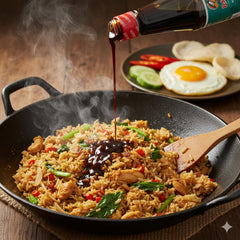 Soy Bango Kecap Manis bottle glazes a plate with glossy sauce for dipping.
