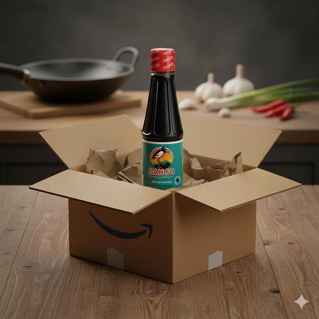 Soy Bango Kecap Manis bottle on a kitchen scene ideal for wok and grilling.