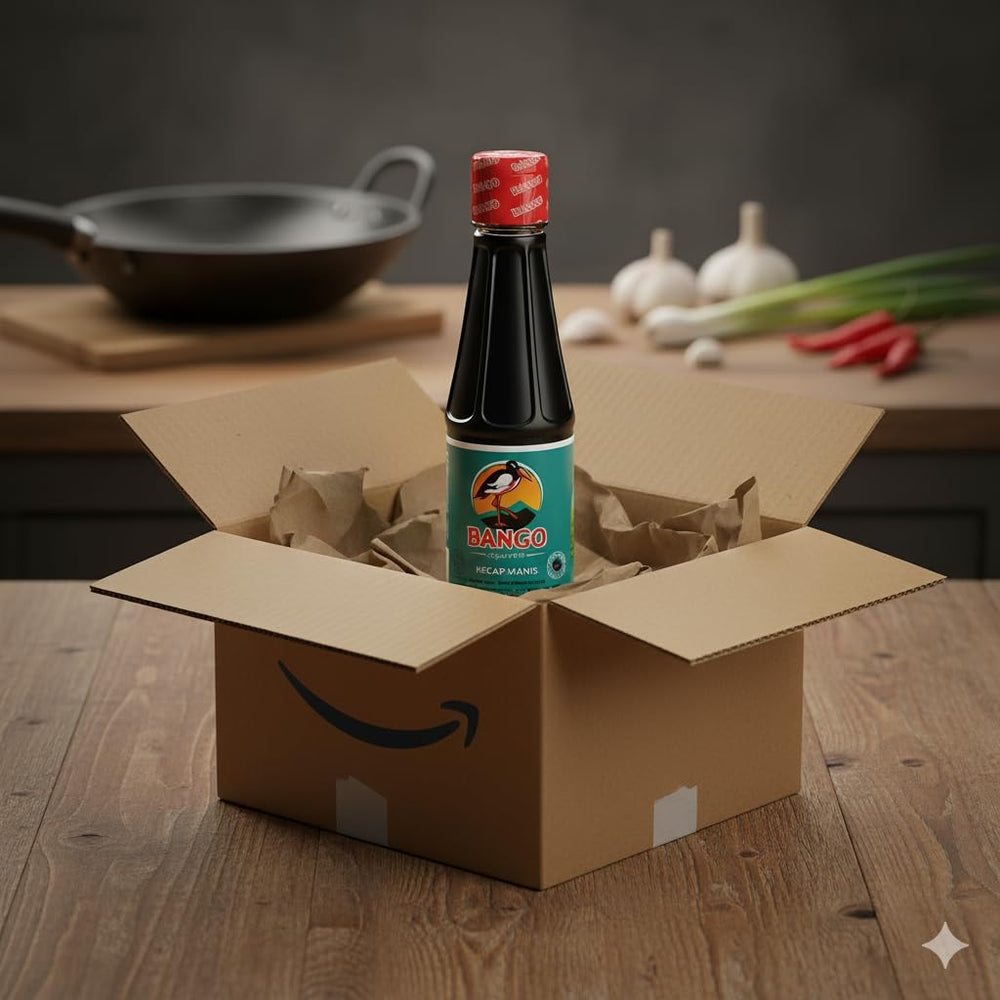 Soy Bango Kecap Manis bottle on a kitchen scene ideal for wok and grilling.