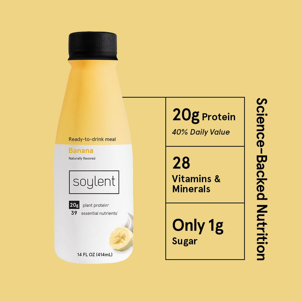 Soylent Banana nutrition label close-up emphasizes 39 essential nutrients for daily wellness.
