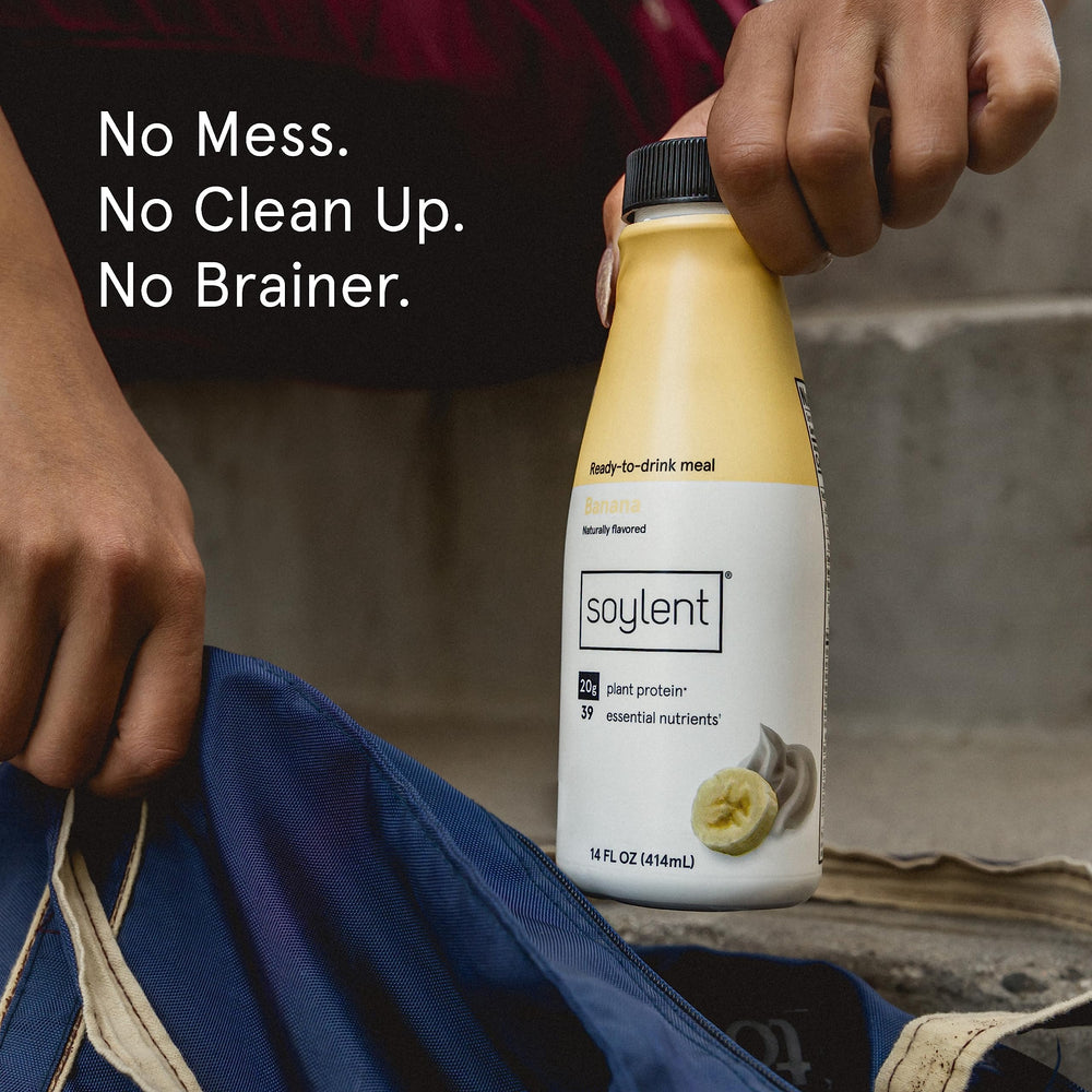 Soylent Banana packaging on kitchen counter highlighting simple weekly convenience.