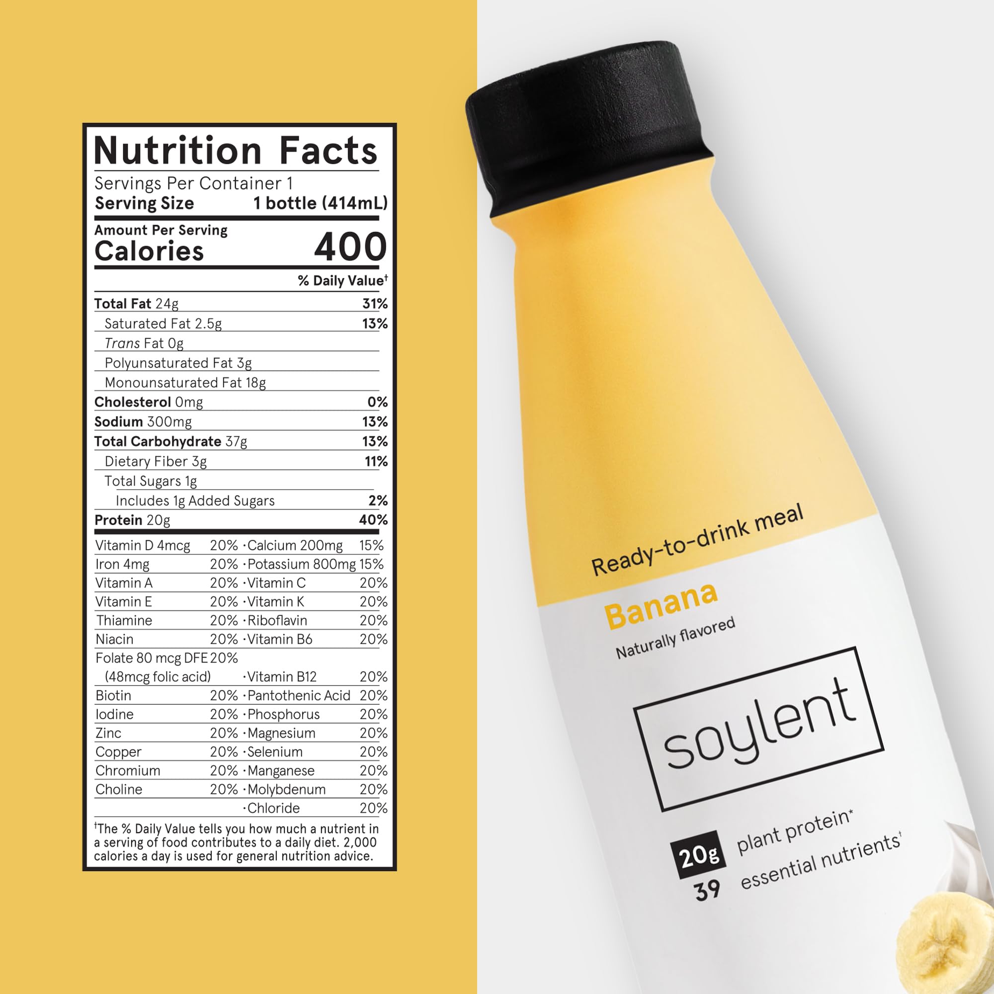 Soylent Banana protein shake close-up highlights 20g vegan protein for lean muscles.