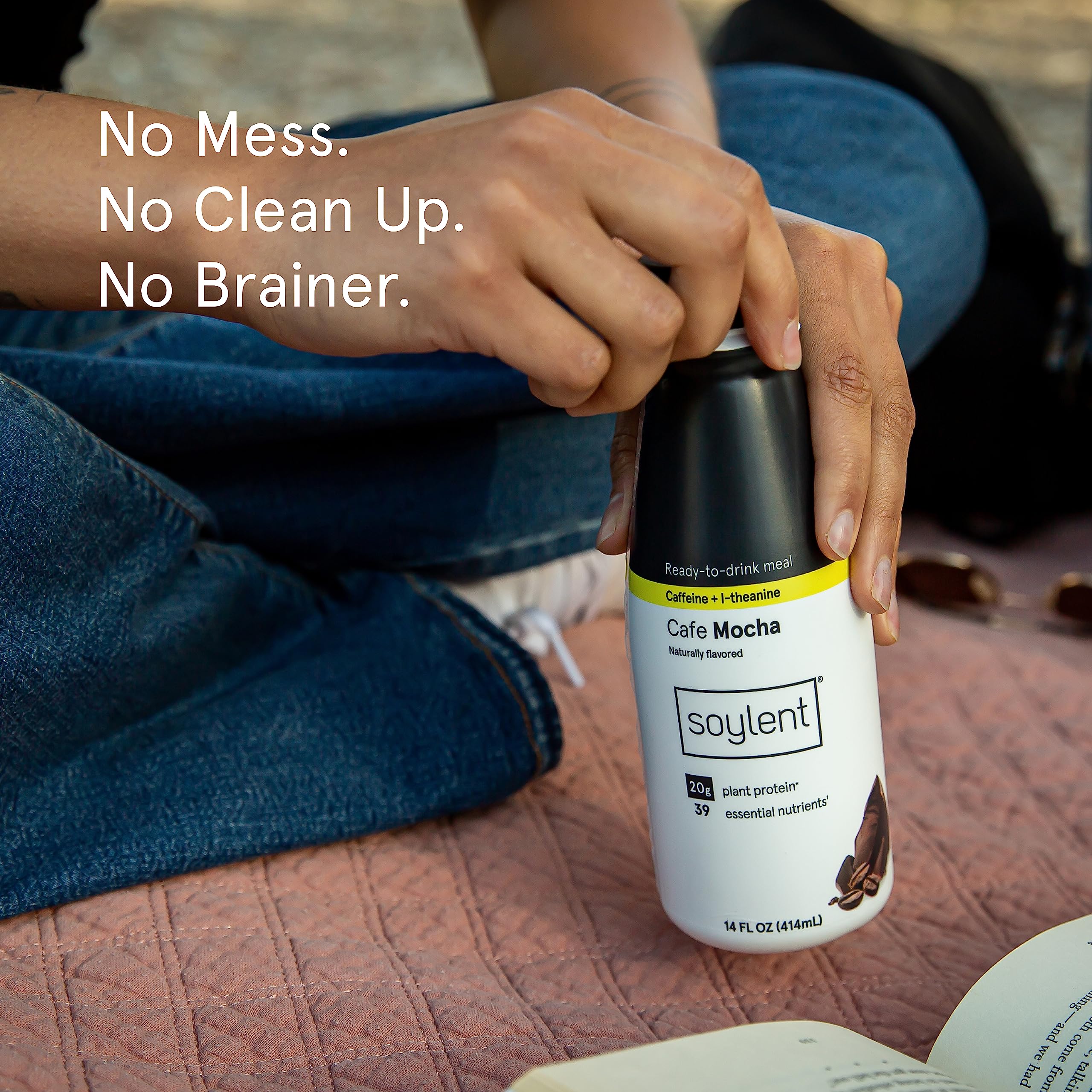 Soylent Complete Coffee Mocha 12-pack carton showcases plant-based protein and sustainability