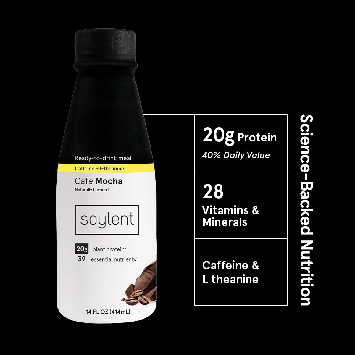 Soylent Complete Coffee Mocha packaging highlights ready-to-drink nutrition