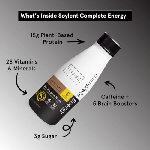 Soylent complete energy bottle pour showing creamy texture and on-the-go fueling.