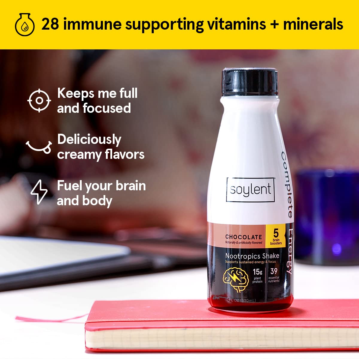 Soylent complete energy creamy shake in glass, illustrating rich texture.
