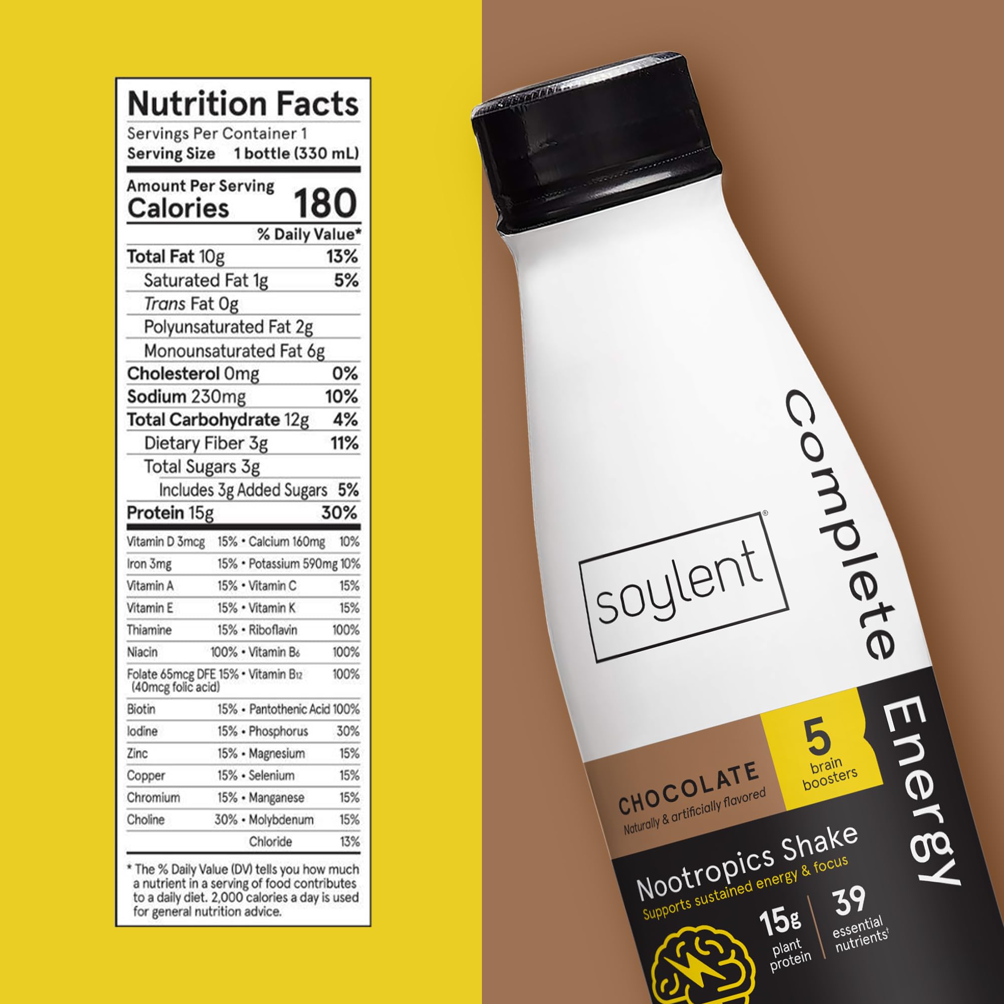 Soylent complete energy ingredient icons, indicating brain boosters and vegan protein sources.
