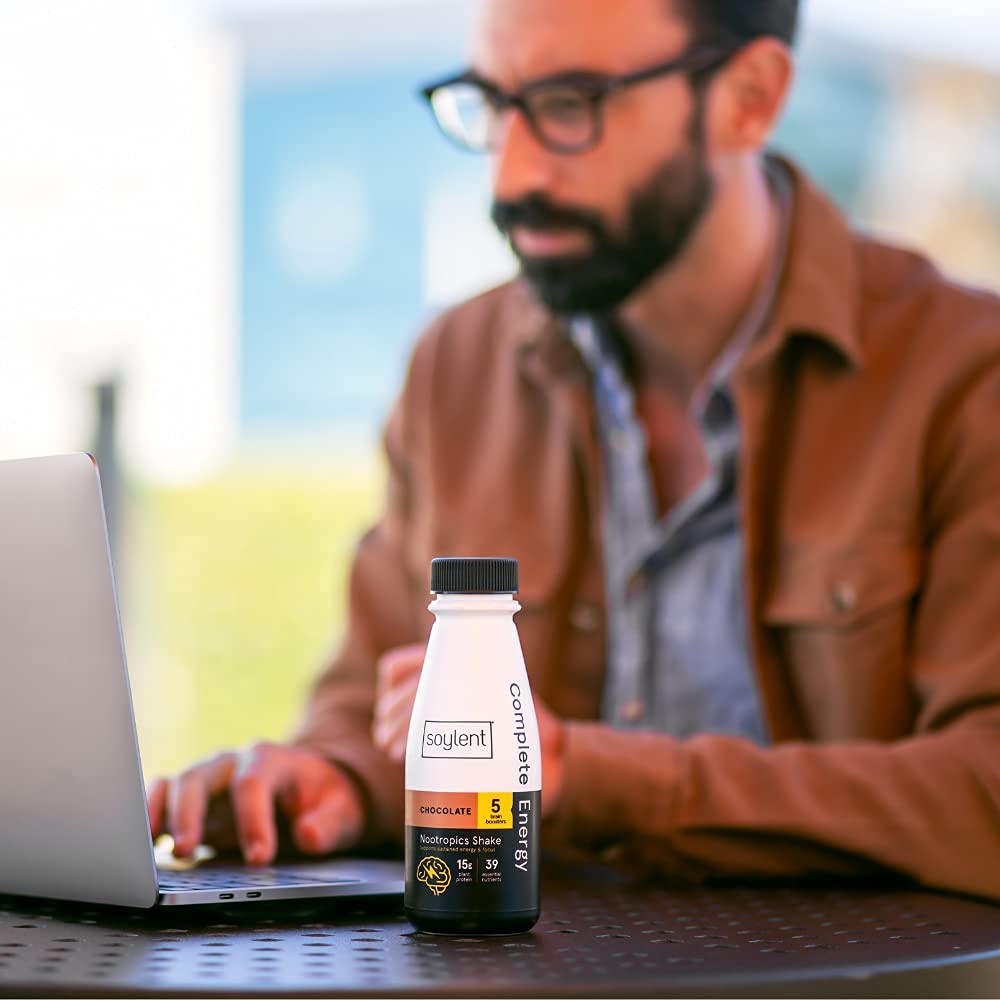 Soylent complete energy nutrition facts panel highlighting 15g protein and 39 nutrients.