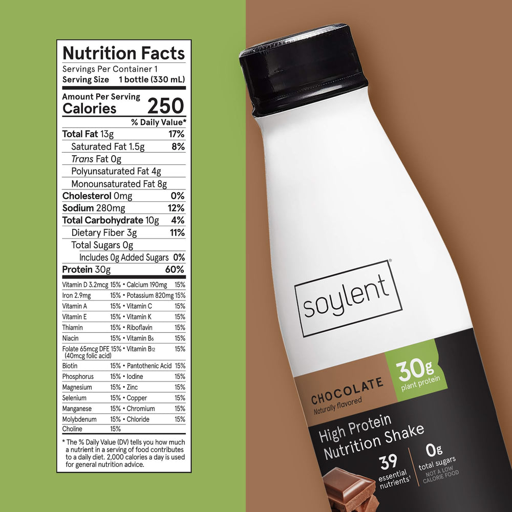 Soylent Complete Protein Shake Chocolate bottle in bag for on-the-go fueling and snack.