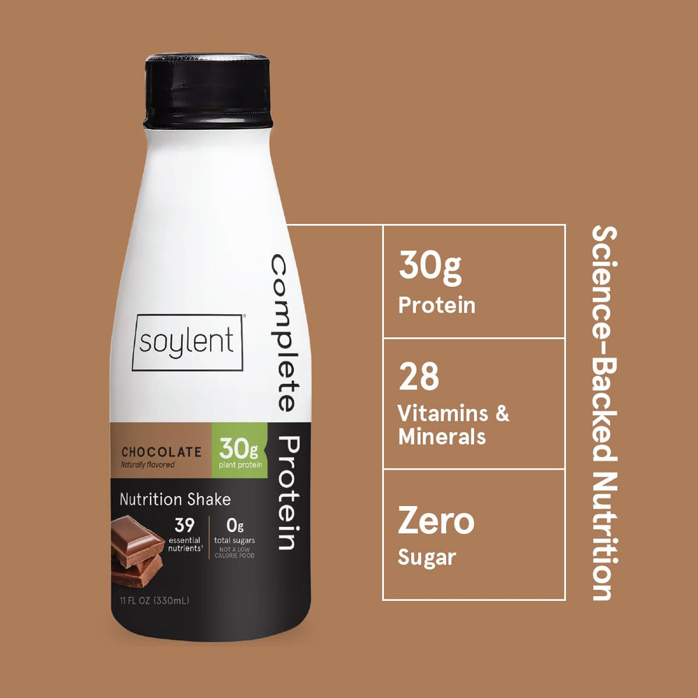 Soylent Complete Protein Shake Chocolate pouring into glass for easy, convenient nutrition.