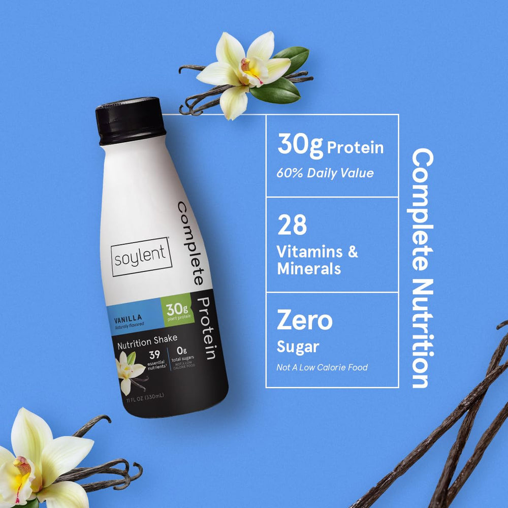 Soylent Complete Protein Vanilla glass with straw, creamy texture ideal for quick snacks.