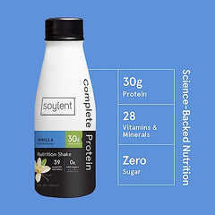 Soylent Complete Protein Vanilla nutrition label close-up highlighting protein and sugar info.