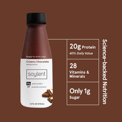 Soylent Creamy Chocolate bottle back illustrating 39 nutrients and balanced macros