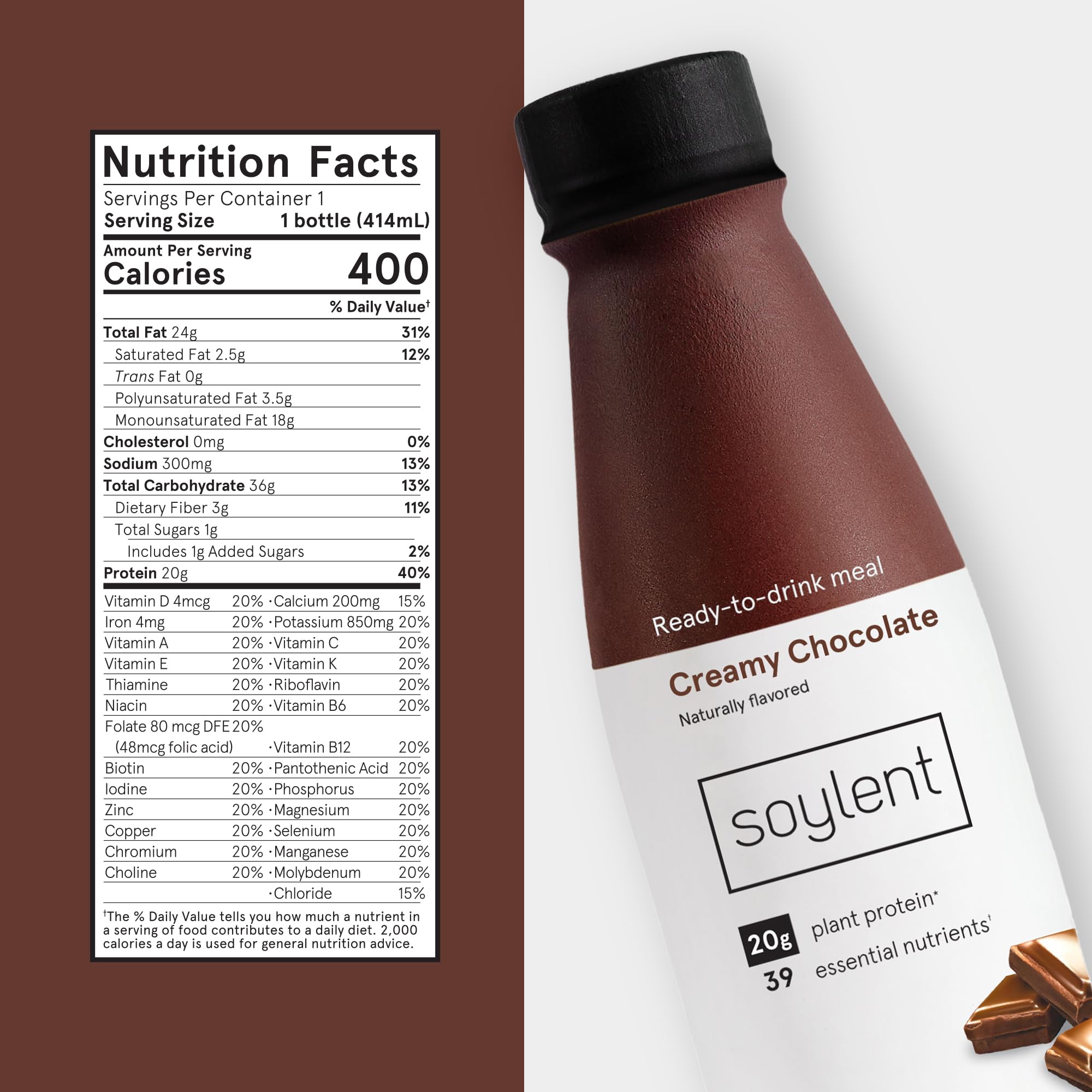 Soylent Creamy Chocolate bottle side highlighting vegan protein and low sugar