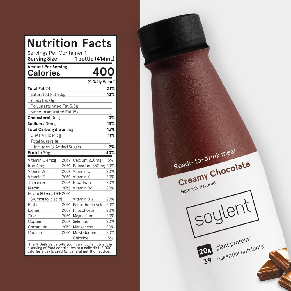 Soylent Creamy Chocolate bottle side highlighting vegan protein and low sugar