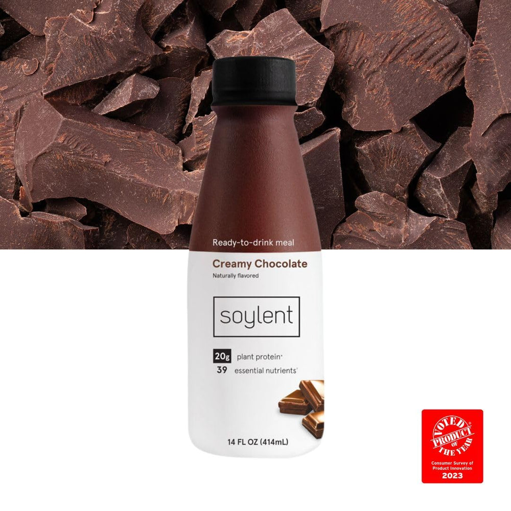 Soylent Creamy Chocolate ingredients close-up emphasizing plant-based origins and omega-3