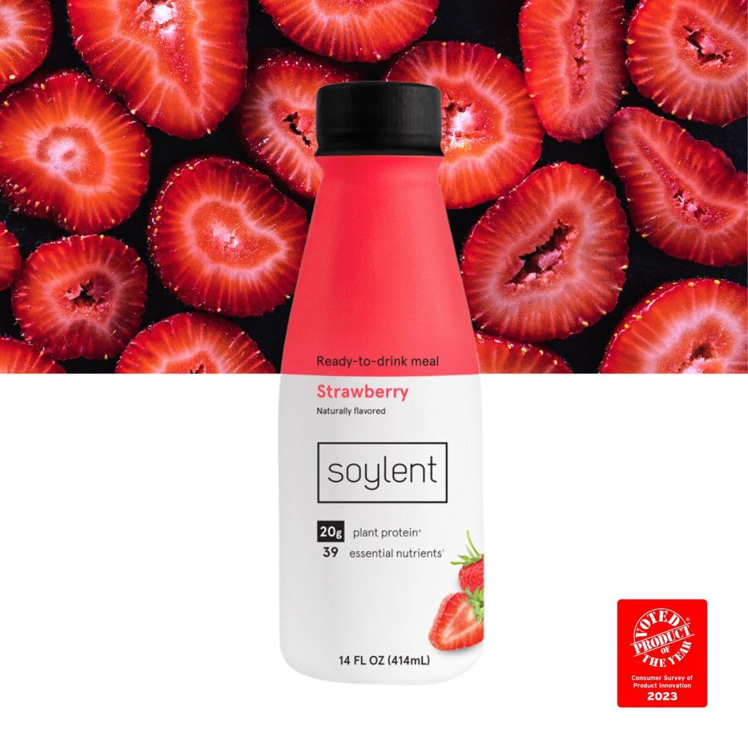 Soylent bottle on kitchen counter evokes convenient meal replacement.