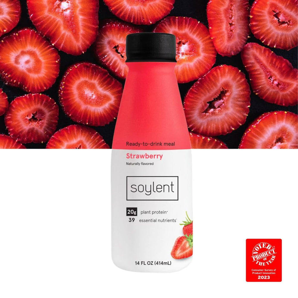 Soylent bottle on kitchen counter evokes convenient meal replacement.