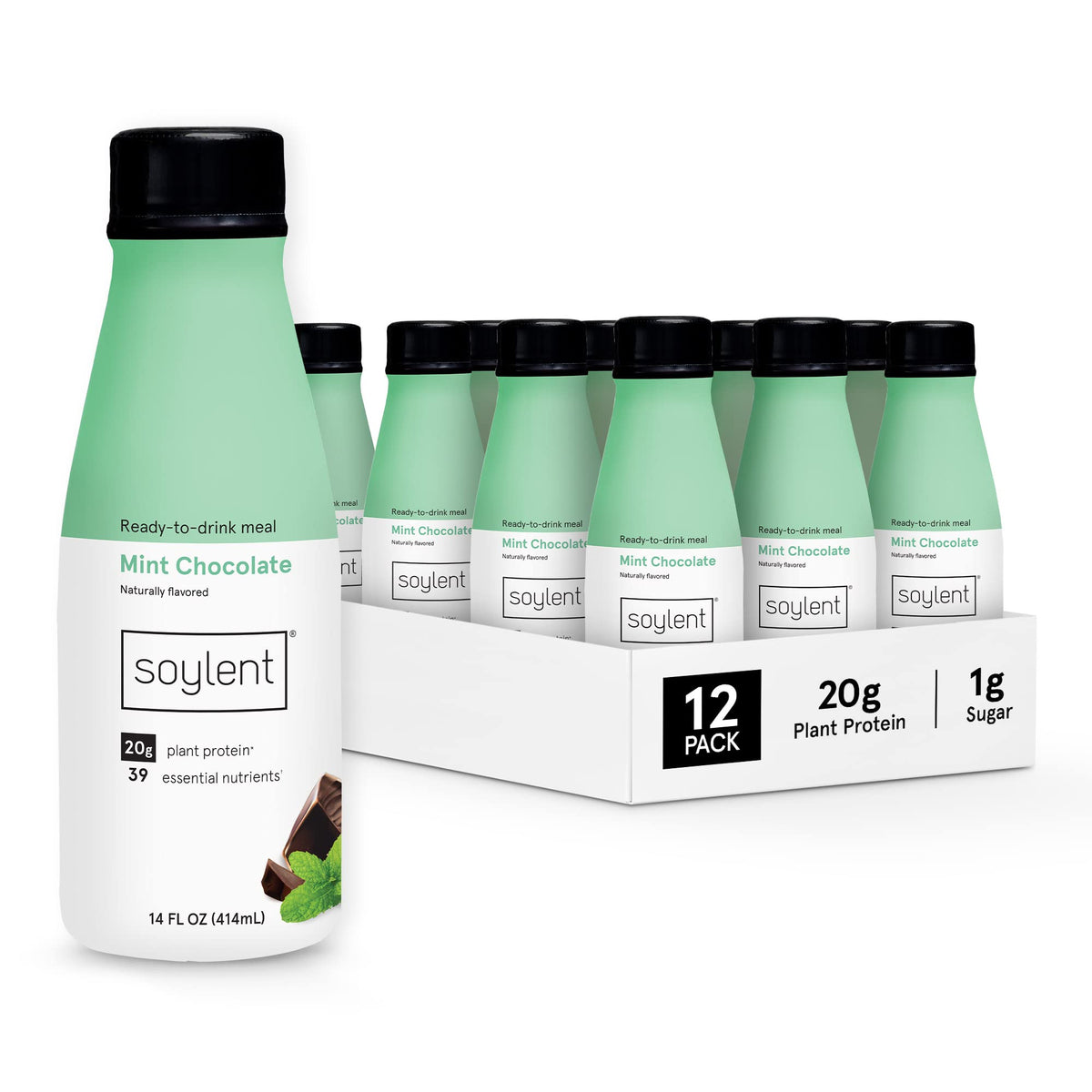 Soylent Mint Chocolate bottle highlights a convenient protein-packed meal replacement.