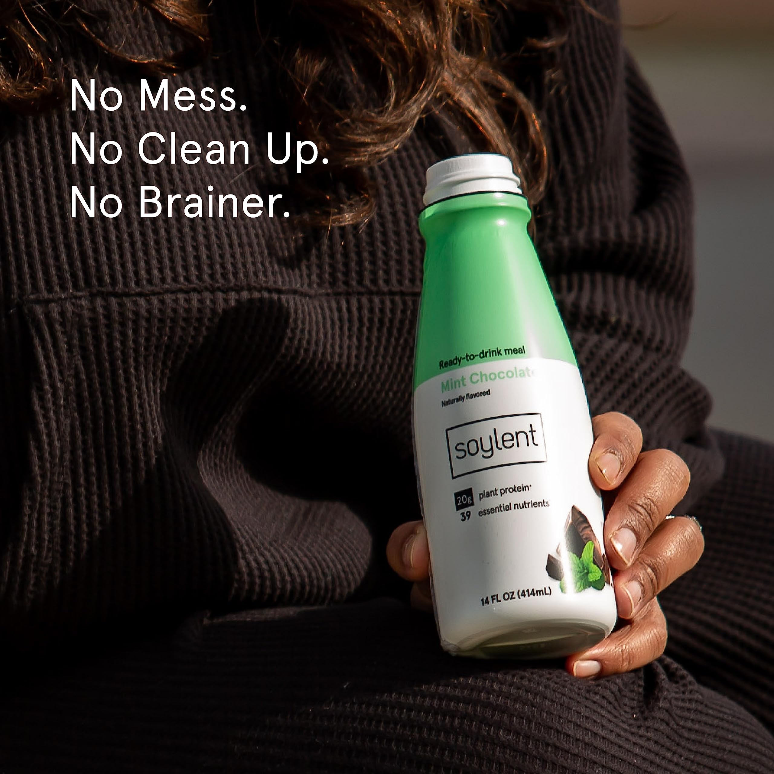 Soylent Mint Chocolate label communicates complete plant-based nutrition at a glance.