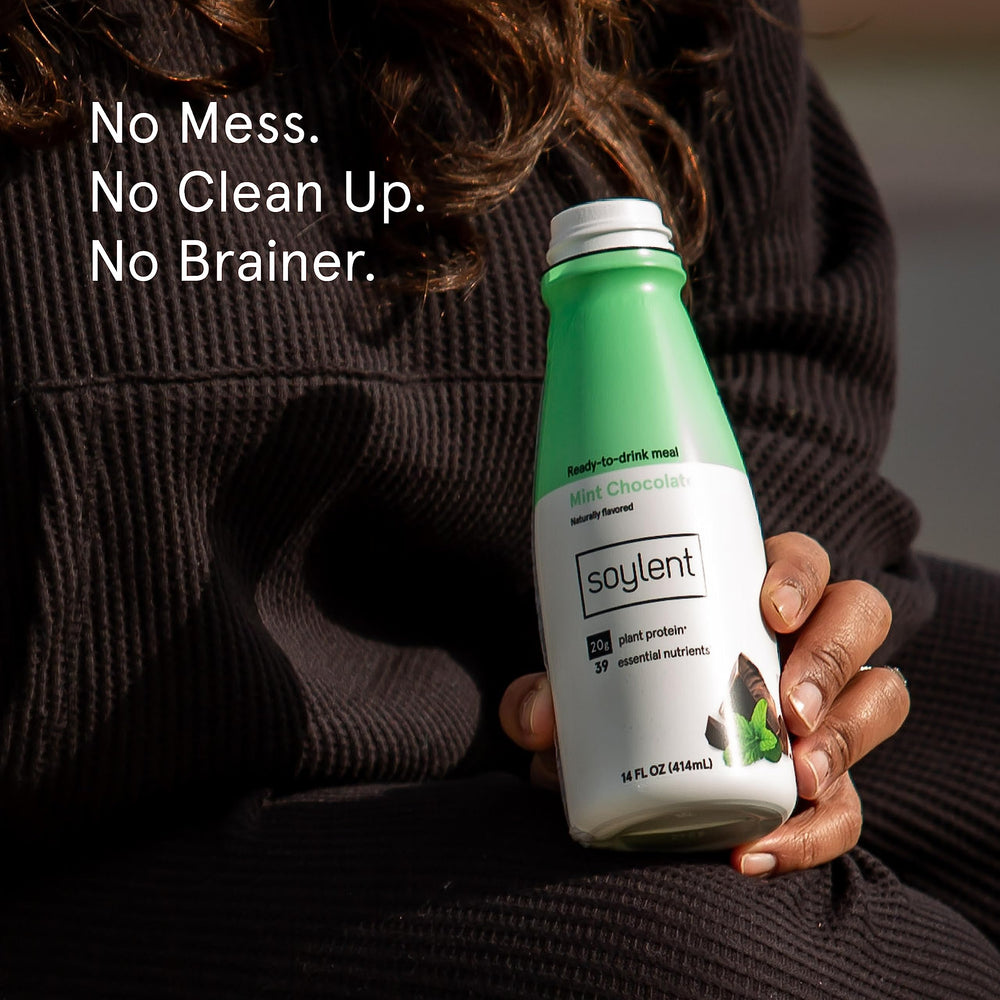 Soylent Mint Chocolate label communicates complete plant-based nutrition at a glance.