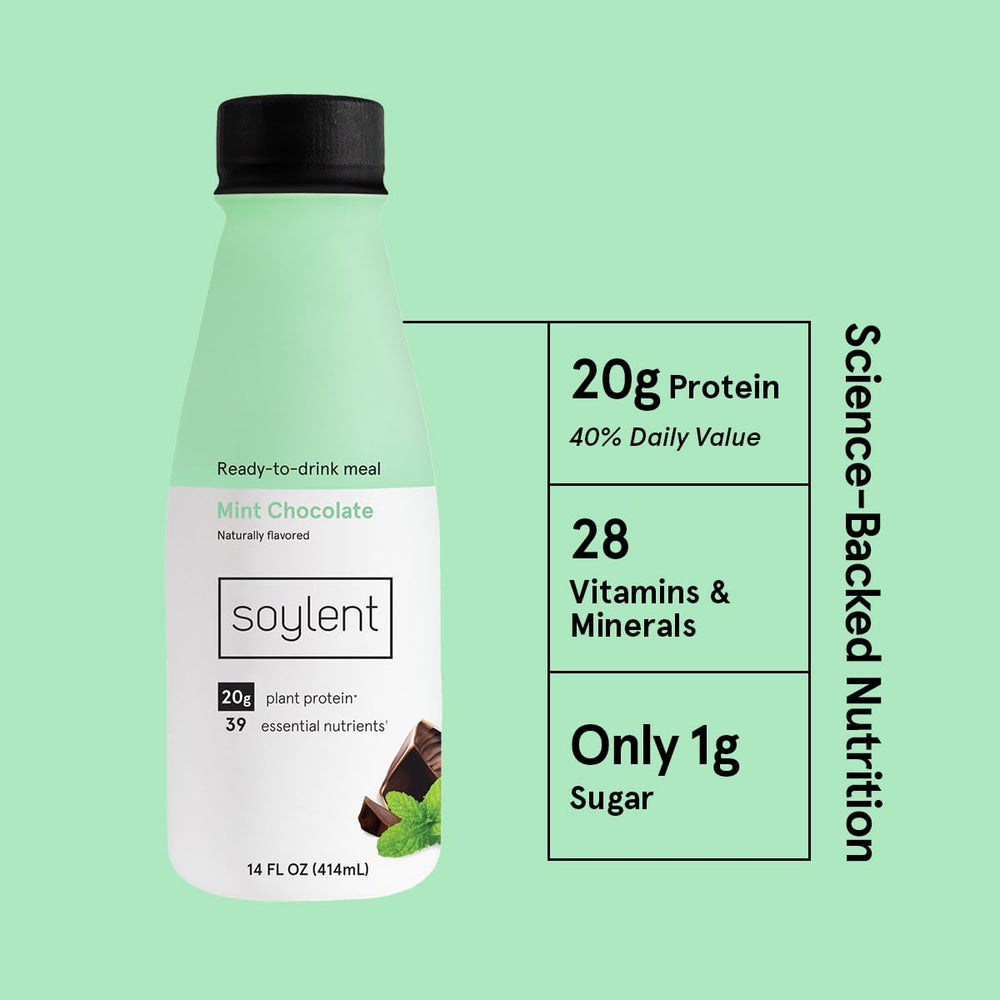 Soylent Mint Chocolate 12-pack display emphasizes accessible vegan energy.