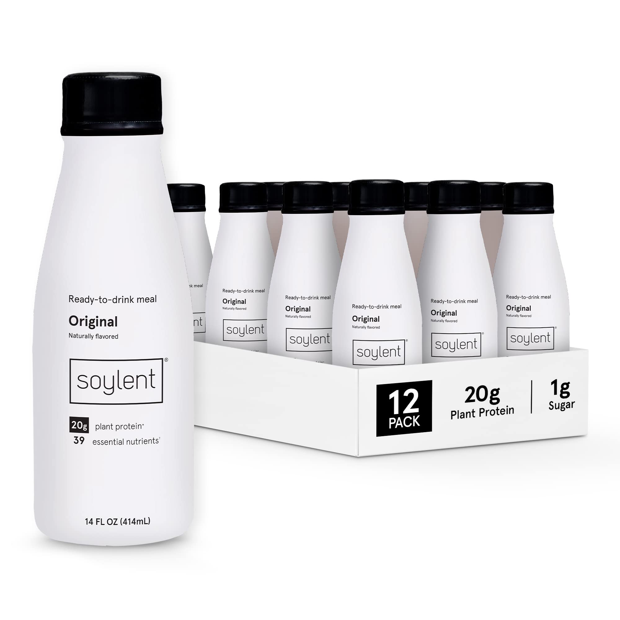 Soylent Original bottle pour shows convenient on-the-go nutrition with 20g vegan protein